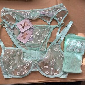 Savage x Fenty Puff Daisy pastel mint green lingerie set with daisy flowers